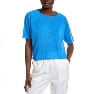 Eileen Fisher Blue Linen Blend Cropped Women's Casual T Shirt
